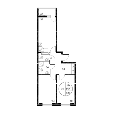 
   Продам 3-комнатную, 58.9 м², Панорама на Театральном, литера 1

. Фото 1.