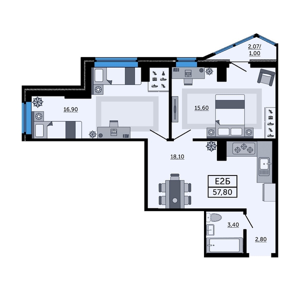
  Продается 2-комн. квартира, 59 м², Космонавтов пр-кт, д. 1В
. Фото 26.