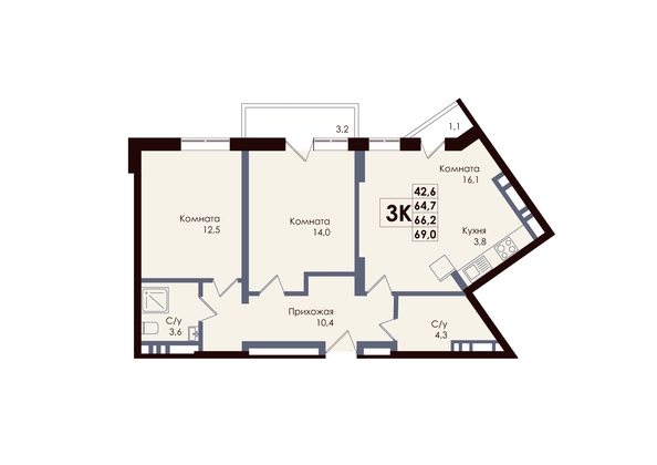 
  Продается 3-комн. квартира 66.29 м², в ЖК Академия, 1 этап. Фото 1.
