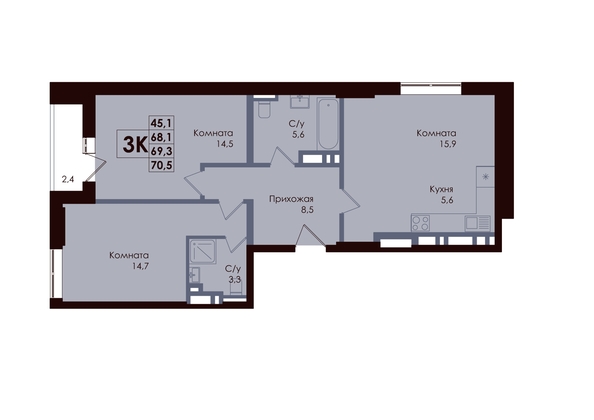 
  Продается 3-комн. квартира 67.76 м², в ЖК Академия, 1 этап. Фото 1.