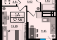 Легенда Ростова, литер 12: Планировка 1-комн 37,58 м²