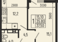 Звезды, литер 12: Планировка 1-комн 37,4, 37,5 м²