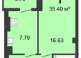 Космический, секция 3: Планировка 1-комн 35,4 м²