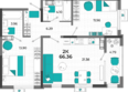Мойнако Ривьера, 3 очередь: Планировка 2-комн 66,36 м²