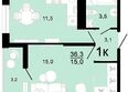 Горячий, литера 2: Планировка 1-комн 36,3, 37 м²