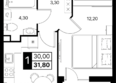 Эстет, литер 48.2: Планировка 1-комн 31,8 - 32,1 м²