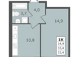 Есенин: Планировка 1-комн 33,4 м²