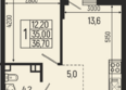 Звезды, литер 9: Планировка 1-комн 36,7 - 37,6 м²