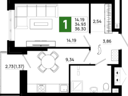 Продается 1-комнатная квартира ЖК Октябрь Парк, 6.1, 36.3 м², 5009400 рублей