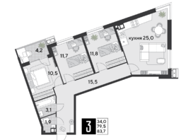 Продается 3-комнатная квартира ЖК Парк Победы 2, литера 21, 83.7 м², 11232540 рублей