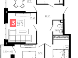 Продается 3-комнатная квартира ЖК Октябрь Парк, 5.2, 66.19 м², 8472320 рублей