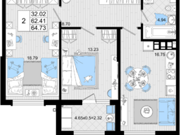 Продается 2-комнатная квартира ЖК Резиденция морей, корпус А, 64.73  м², 15295699 рублей