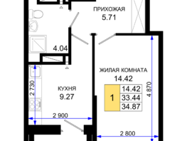 Продается 1-комнатная квартира ЖК Октябрь Парк, 1.1, 34.87  м², 4881800 рублей