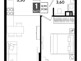 Продается 1-комнатная квартира ЖК Порто-Ново, литера 5, 37.5 м², 6361425 рублей