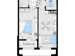 Продается 1-комнатная квартира ЖК Резиденция морей, корпус В, 48.71  м², 12007015 рублей