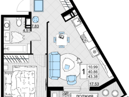 Продается 1-комнатная квартира ЖК Фонтаны, литер 19, 43.38  м², 8242200 рублей