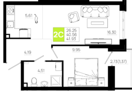 Продается 1-комнатная квартира ЖК Октябрь Парк, 5.2, 41.93 м², 5618620 рублей