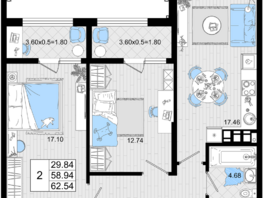 Продается 2-комнатная квартира ЖК Резиденция морей, корпус Б, 62.54  м², 17386120 рублей