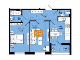 Продается 2-комнатная квартира ЖК Комсомольский, 2 очередь, 51.3  м²