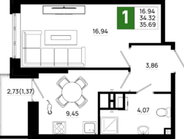 Продается 1-комнатная квартира ЖК Октябрь Парк, 6.1, 35.69 м², 4925220 рублей