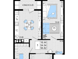 Продается 1-комнатная квартира ЖК Резиденция морей, корпус А, 56.82  м², 13040190 рублей