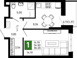 Продается 1-комнатная квартира ЖК Октябрь Парк, 6.2, 36.29 м², 5008020 рублей