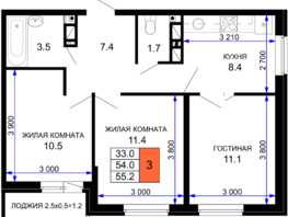 Продается 3-комнатная квартира ЖК Дыхание, литер 27, 55.2  м², 6900000 рублей