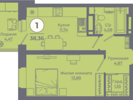 Продается 1-комнатная квартира ЖК Сокольники, литера 8, 38.36  м², 4871720 рублей