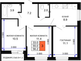 Продается 3-комнатная квартира ЖК Дыхание, литер 29, 56.2  м², 7249800 рублей