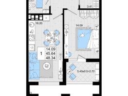 Продается 1-комнатная квартира ЖК Резиденция морей, корпус А, 48.34  м², 11915810 рублей