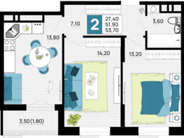 Продается 2-комнатная квартира ЖК Традиции, Литер 1, 53.7  м², 7518000 рублей