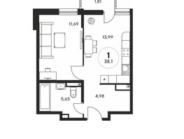 Продается 1-комнатная квартира ЖК Гринсайд, 5.1-5.5, 37.95  м², 6530000 рублей