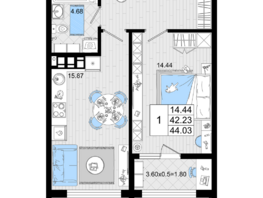 Продается 1-комнатная квартира ЖК Резиденция морей, корпус А, 44.03  м², 11414778 рублей