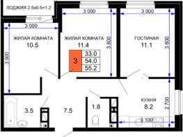 Продается 3-комнатная квартира ЖК Дыхание, литер 26, 55.2  м², 6900000 рублей