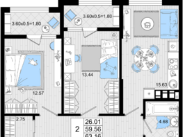 Продается 2-комнатная квартира ЖК Резиденция морей, корпус А, 63.16  м², 14495220 рублей