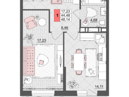 Продается 1-комнатная квартира ЖК Лучший, литер 2, 48.14  м², 7221000 рублей