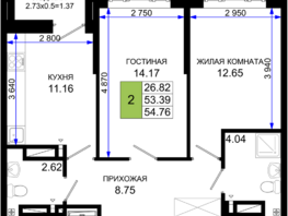 Продается 2-комнатная квартира ЖК Октябрь Парк, 1.1, 54.76  м², 7392600 рублей