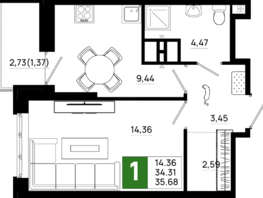 Продается 1-комнатная квартира ЖК Октябрь Парк, 6.1, 35.68 м², 4923840 рублей