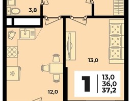 Продается 1-комнатная квартира ЖК Родной дом 2, литера 3, 37.2  м², 4960400 рублей