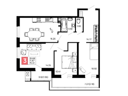 Продается 3-комнатная квартира ЖК Долина, Литер 2, 75.41  м², 8747560 рублей