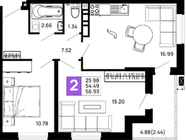 Продается 2-комнатная квартира ЖК Долина, литер 3, 56.93  м², 6831600 рублей