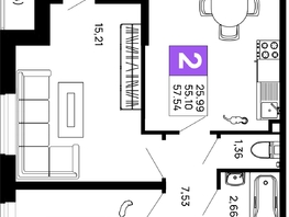 Продается 2-комнатная квартира ЖК Долина, литер 3, 57.54 м², 6789720 рублей