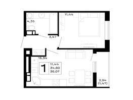 Продается 1-комнатная квартира ЖК Горные высоты, литер 5.2, 36.07  м², 4653030 рублей