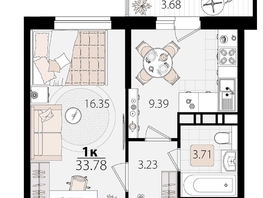 Продается 1-комнатная квартира ЖК Мега-Победа 3 очередь, литера 1, 33.78  м², 3420000 рублей