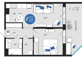 Продается 2-комнатная квартира Адмирала Пустошкина б-р, 50.7  м², 5070000 рублей