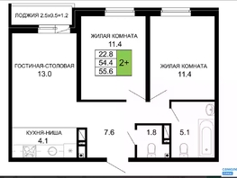 Продается 2-комнатная квартира ЖК Дыхание, литер 21, 55.6  м², 5360000 рублей