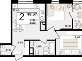 Продается 2-комнатная квартира ЖК Патрики, литер 1.2, 48.57  м², 14910990 рублей