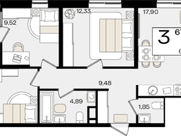 Продается 3-комнатная квартира ЖК Патрики, литер 1.2, 67.21  м², 19289270 рублей