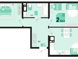 Продается 2-комнатная квартира ЖК Первое место, квартал 1.1, литер 2, 62.3  м², 8223600 рублей