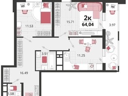 Продается 2-комнатная квартира ЖК Родные просторы, литера 23, 64.04  м², 9219275 рублей